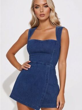 Fashion Nova Blue Denim Mini Dress with Square Neck